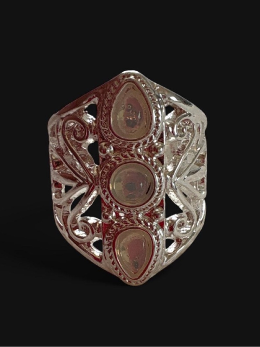 Ornate Silver Filigree Statement Ring with Teardrop Accents size6.5